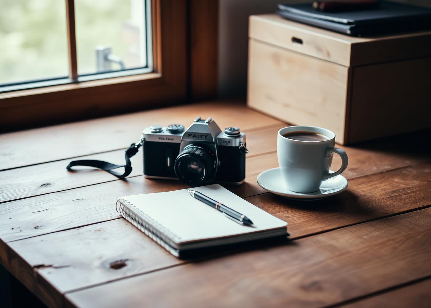 A film camera, notebook, and cold coffee on a wooden desk by a window