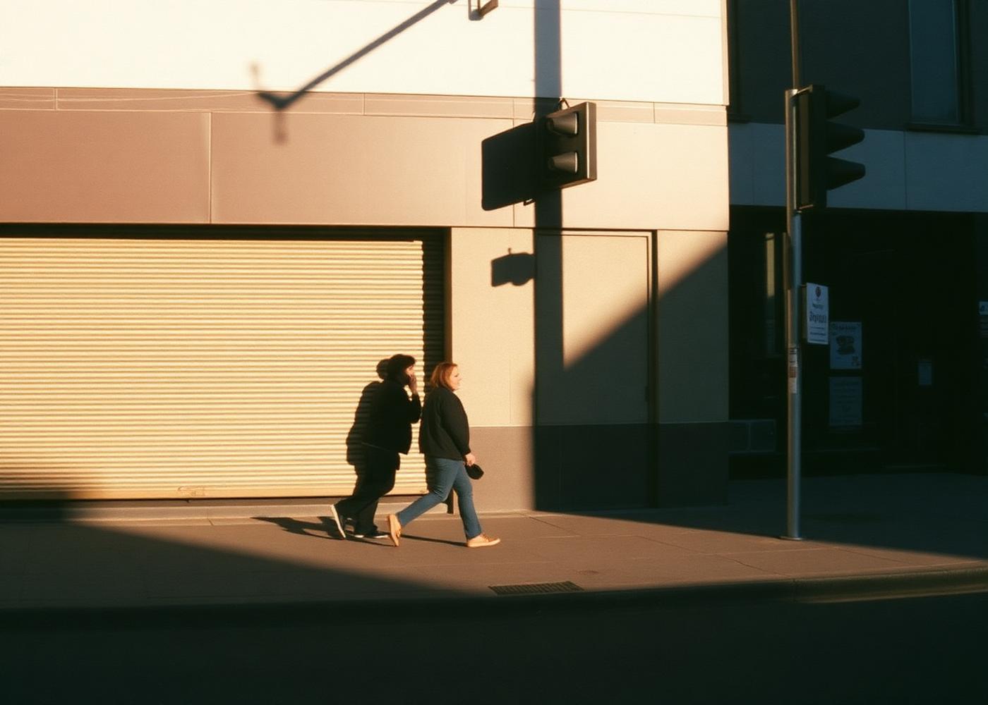 Two people walking past a shuttered storefront in early morning light